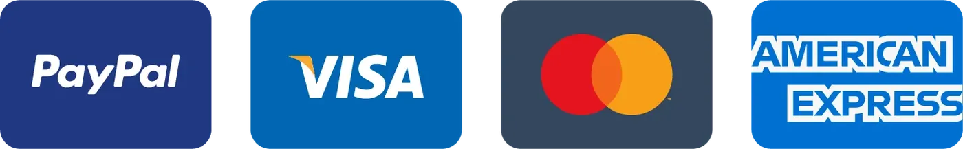 Métodos de pago: PayPal, Visa, Mastercard, American Express